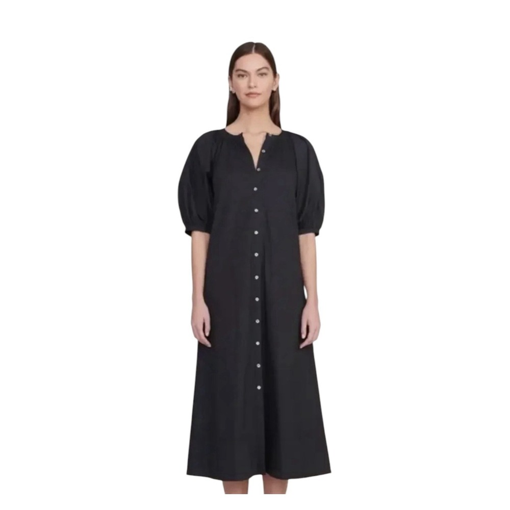 STAUD Vincent Maxi Dress Women's Small Black Short Sleeve Buttons Front Pockets